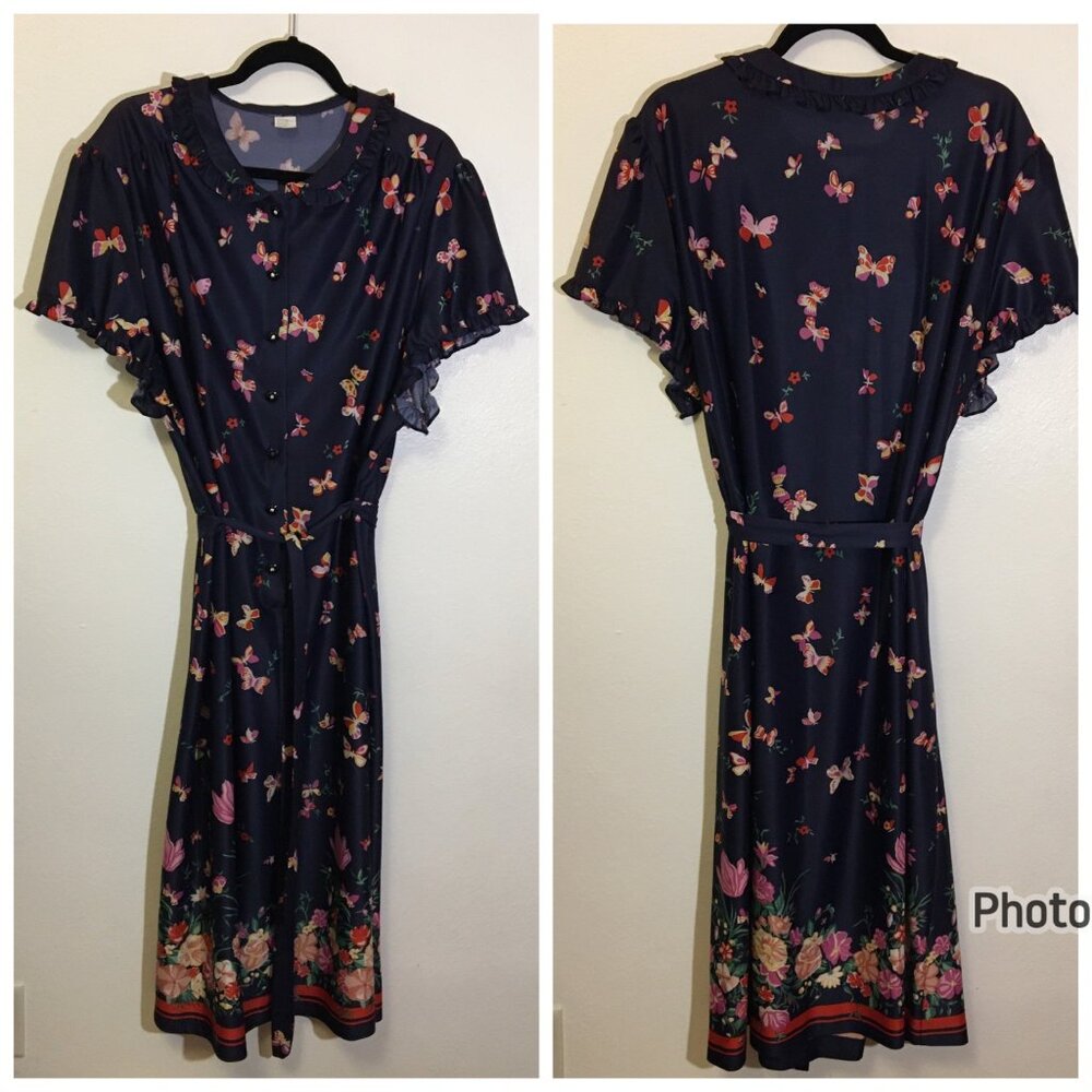 Vintage 70s Volup Secretary Dress Belt Novelty Print Butterfly Border Print (IB)